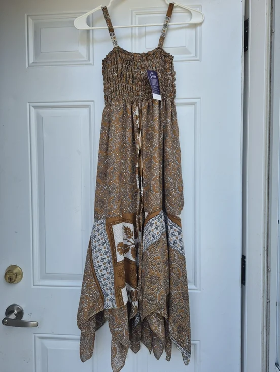Brown Paisley Hippie Boho Bohemian Recycled Sari Silk Patchwork Midi Dress Small - Picture 7 of 8